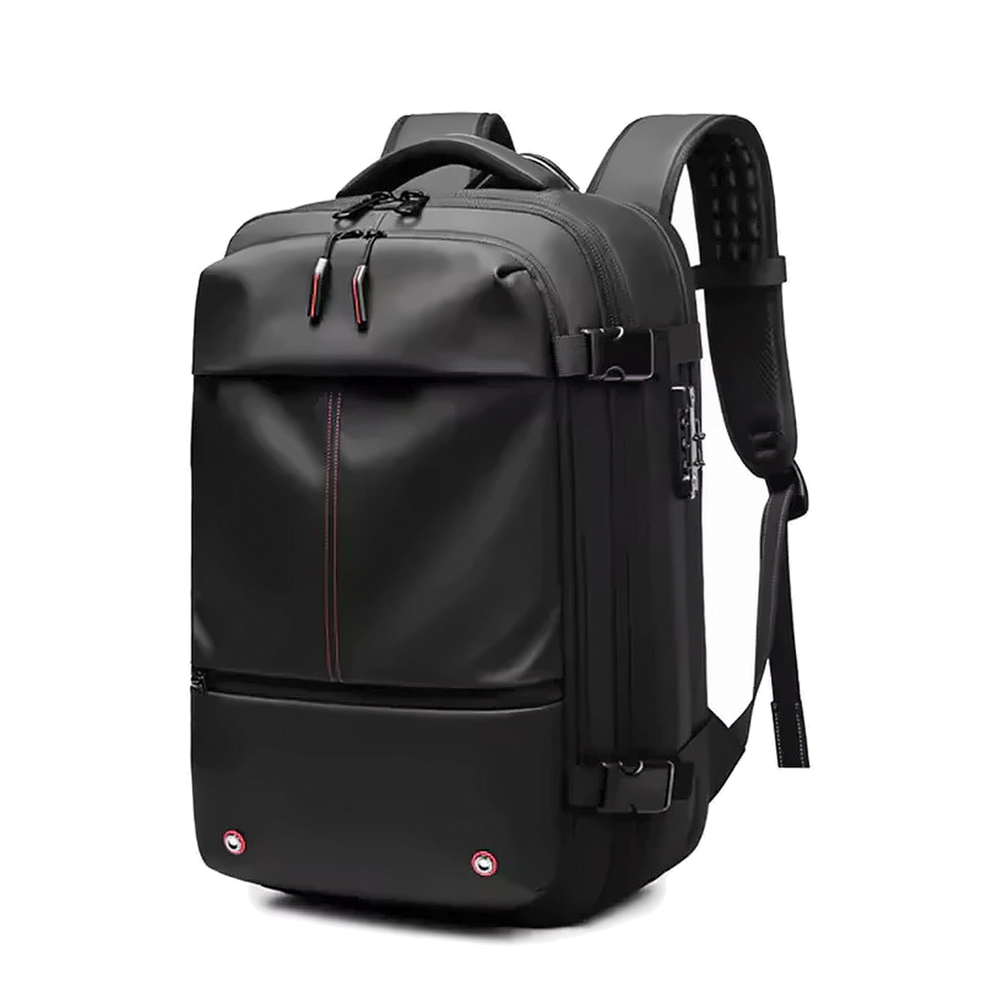 AirBag Backpack in black, three-quarter view showing the combination lock, side buckles and grab handle