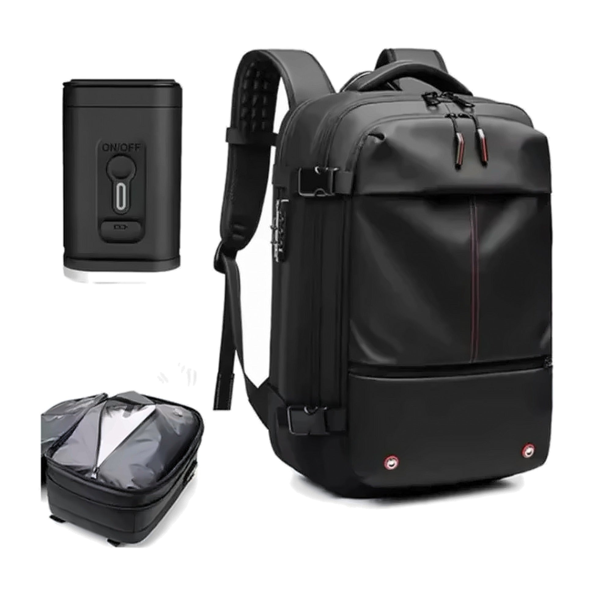 The AirBag Backpack shown with the compression bag and the electric pump drawing air out of the packed clothing