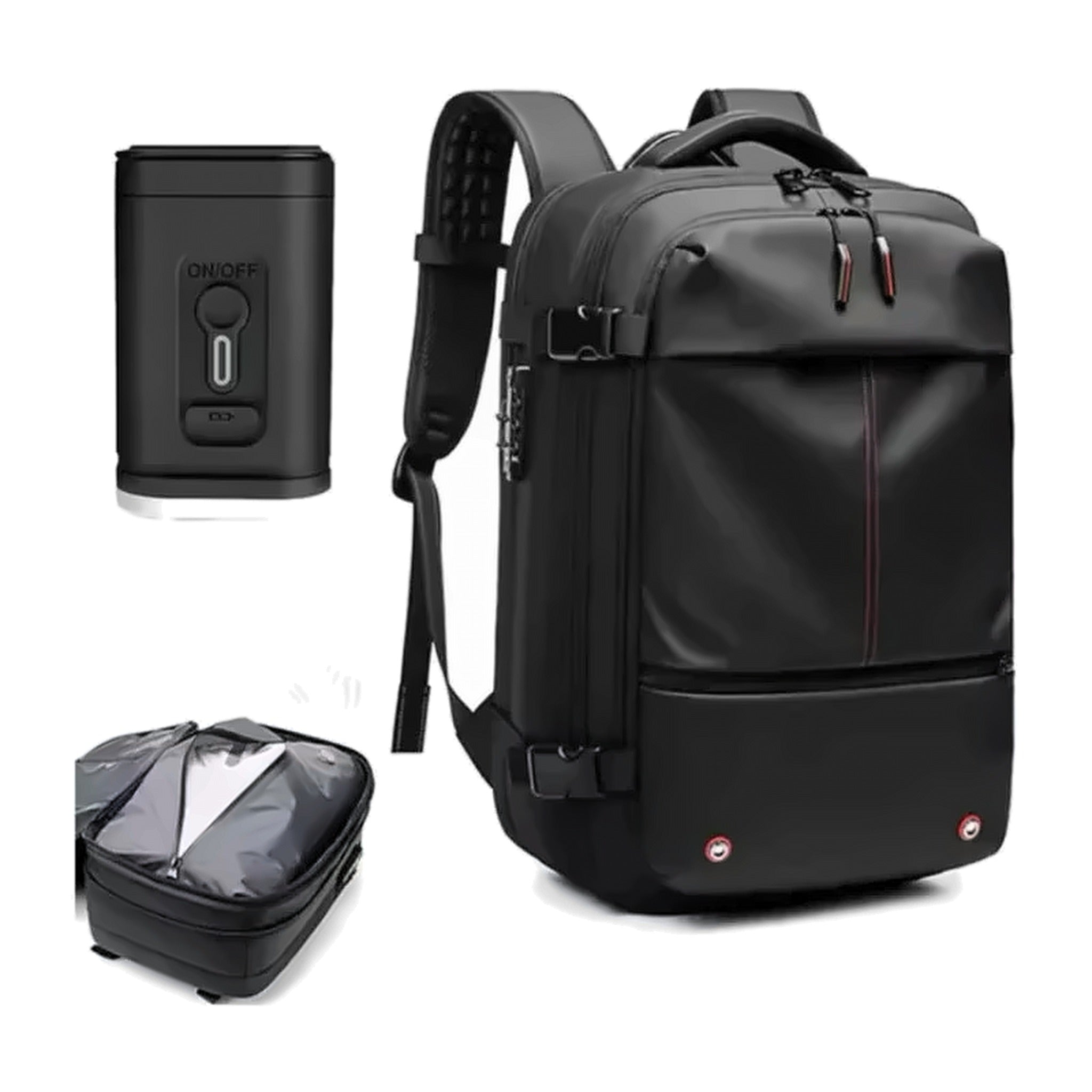 The AirBag Backpack shown with the compression bag and the electric pump drawing air out of the packed clothing