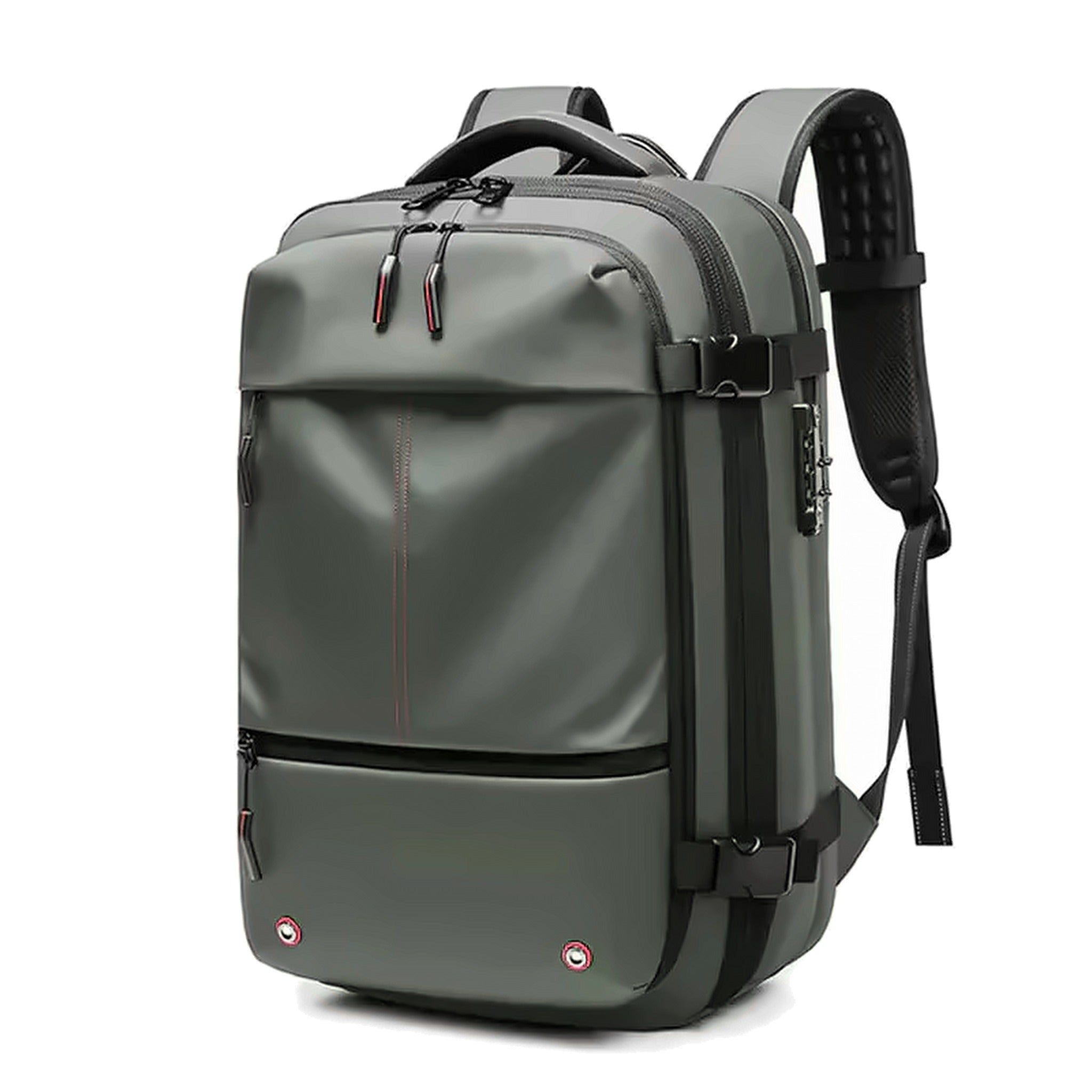 AirBag Backpack in green, three-quarter view with the expansion gussets closed