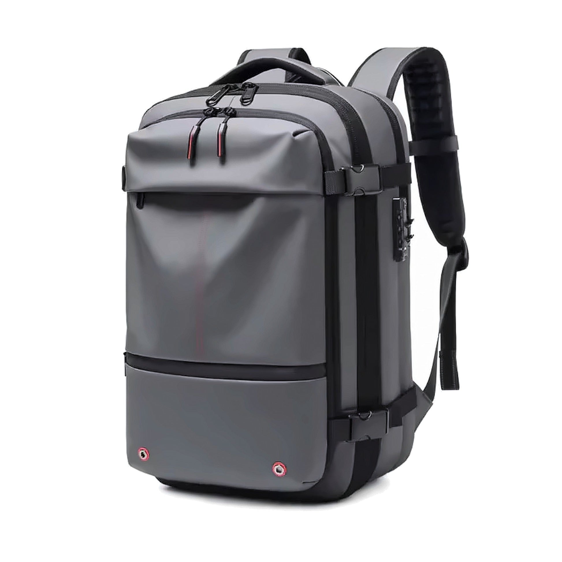AirBag Backpack in grey, three-quarter view with the expansion gussets closed