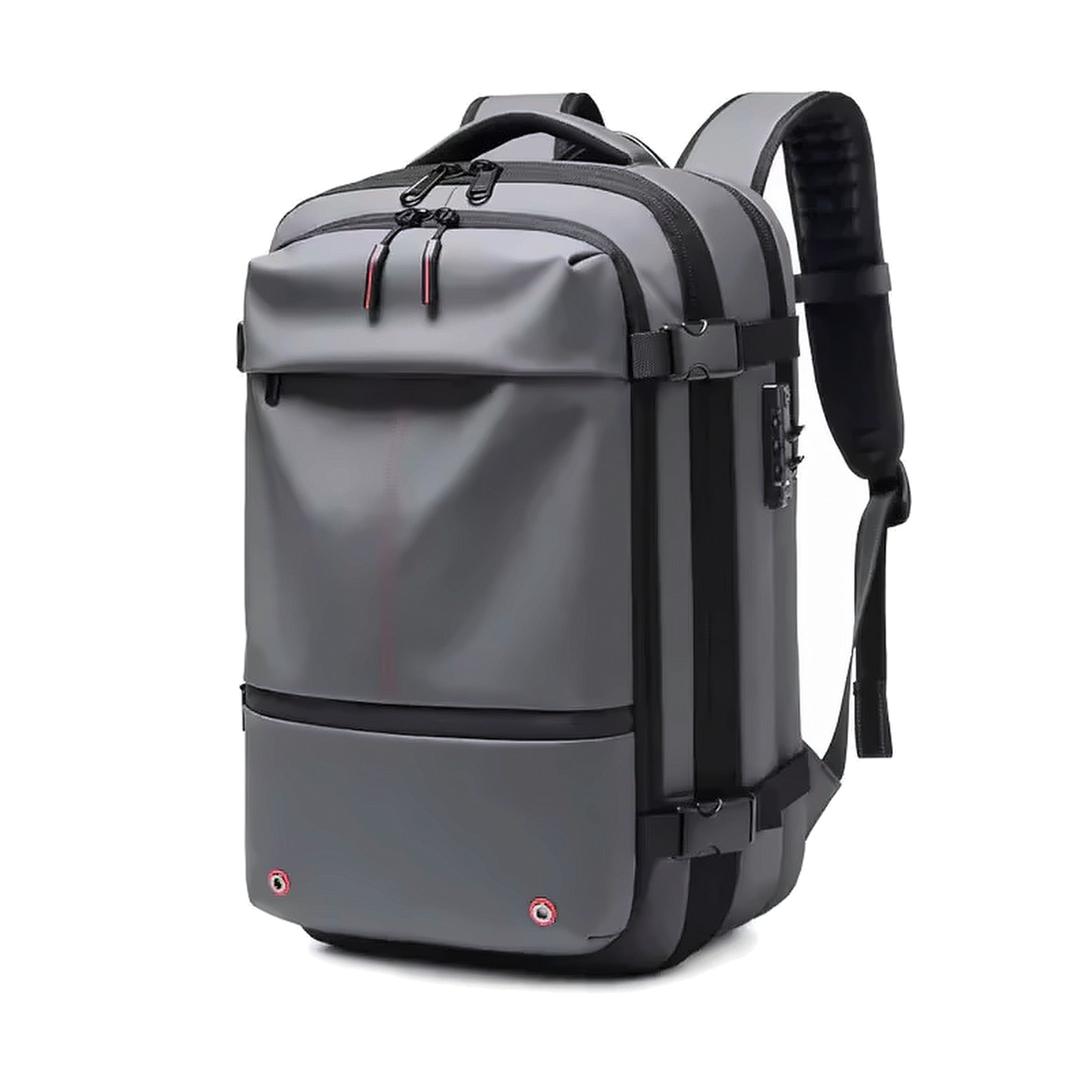 AirBag Backpack in grey, three-quarter view with the expansion gussets closed
