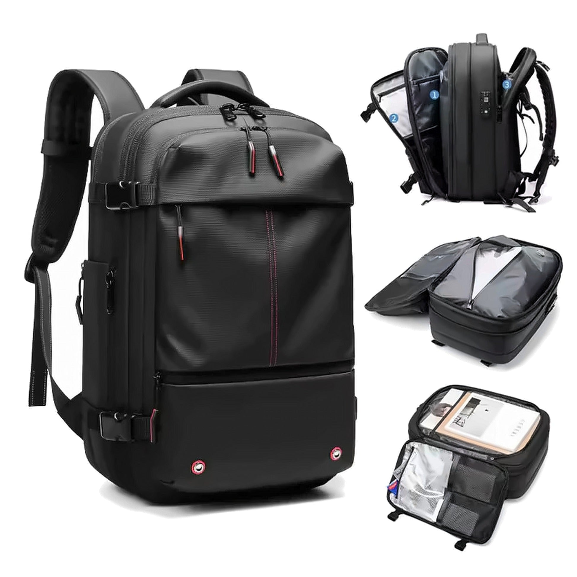 Interior layout of the AirBag Backpack: padded laptop sleeve, document pocket, mesh organiser panel and the removable compression chamber