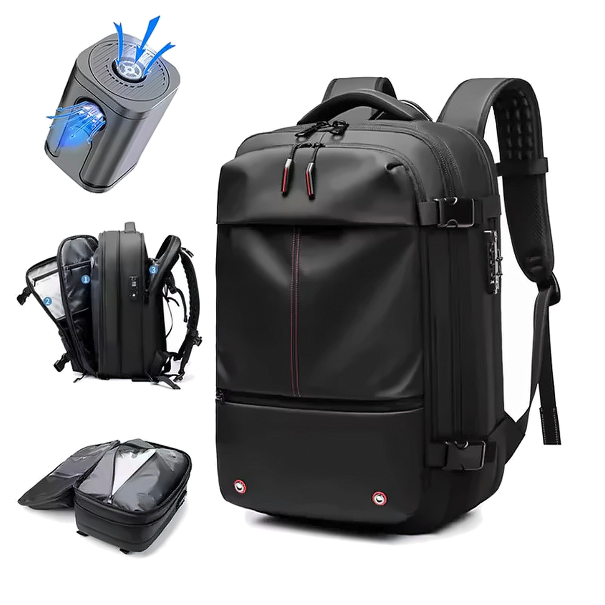 Everything in the box: the AirBag Backpack, the removable compression chamber and the rechargeable electric pump