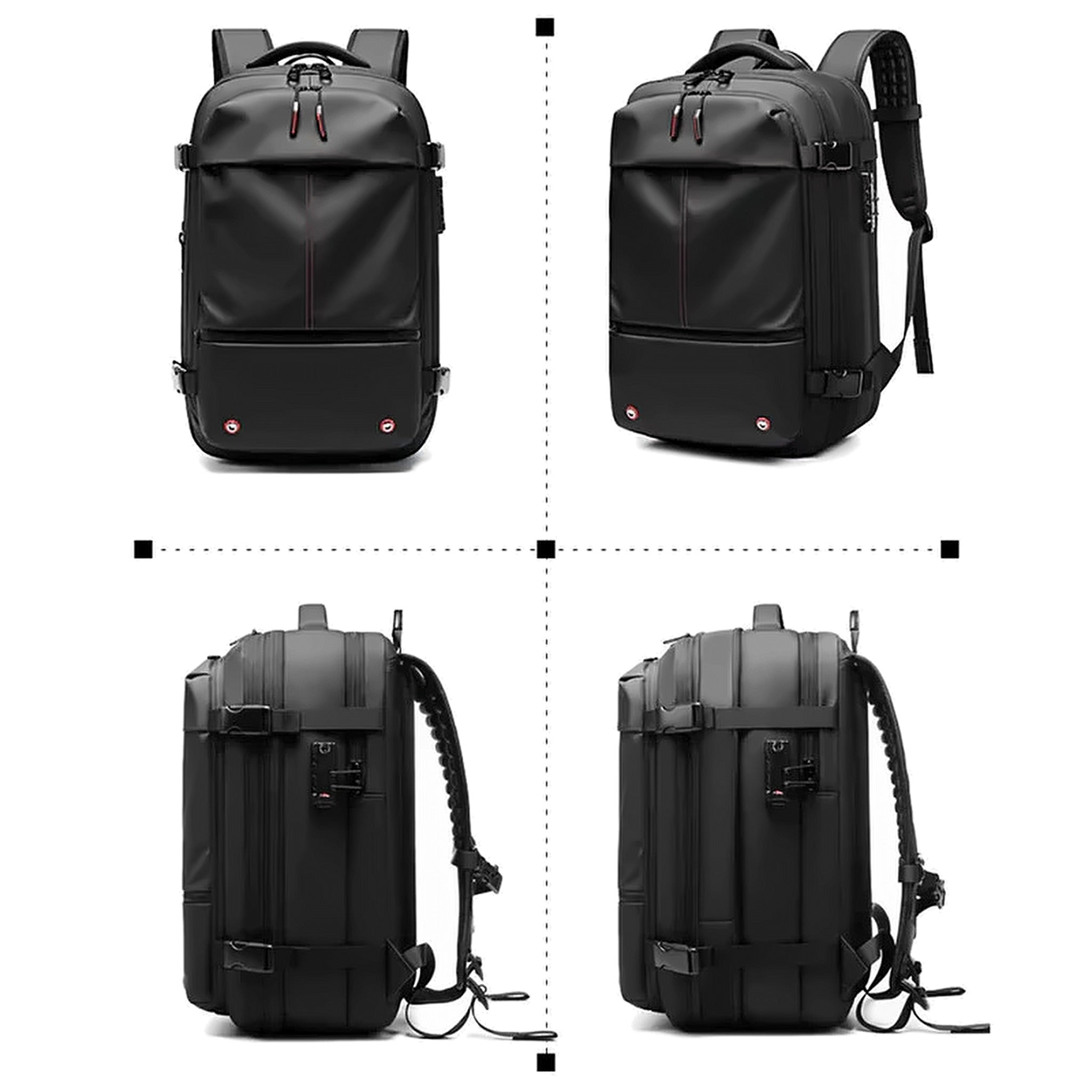 Four views of the AirBag Backpack: front, side with the expansion gussets open, back panel and the harness system