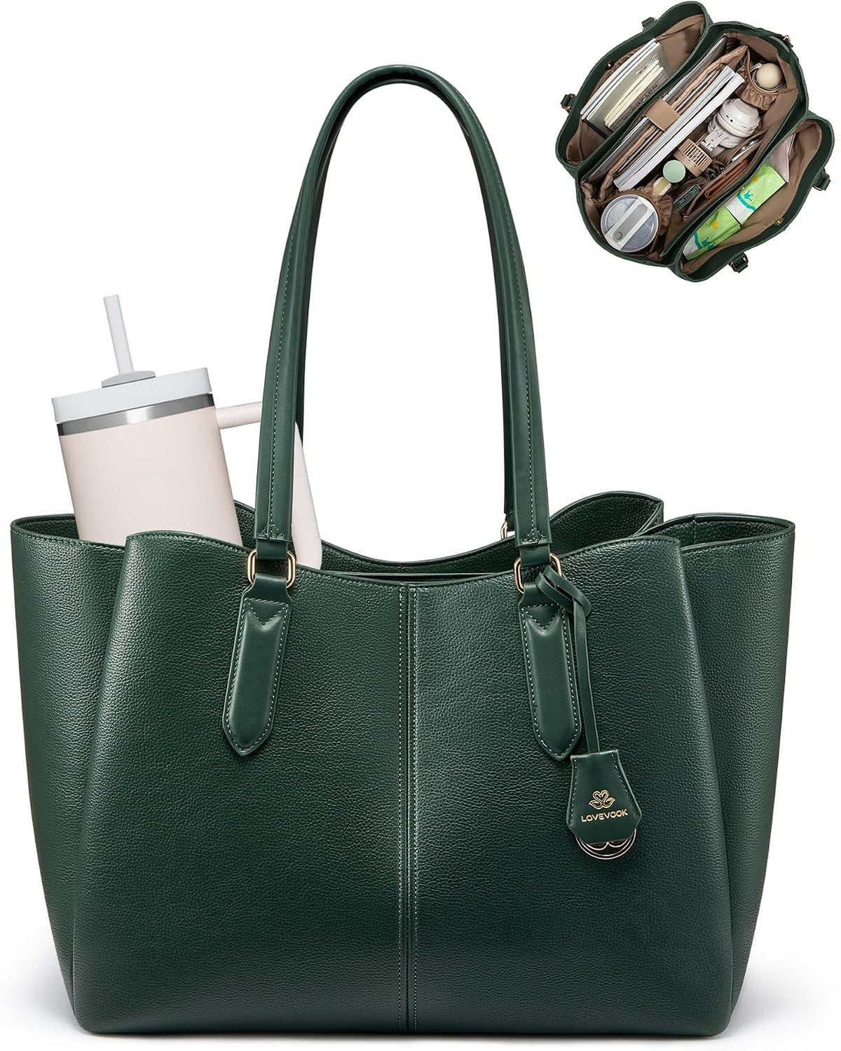 Forest Green Work Tote standing upright, a tall tumbler visible in the side compartment