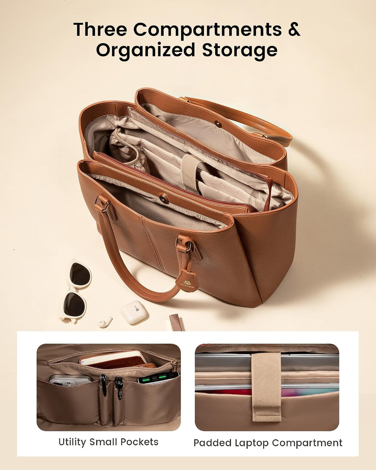 The brown tote seen from above with all three compartments open, showing the zipped centre section