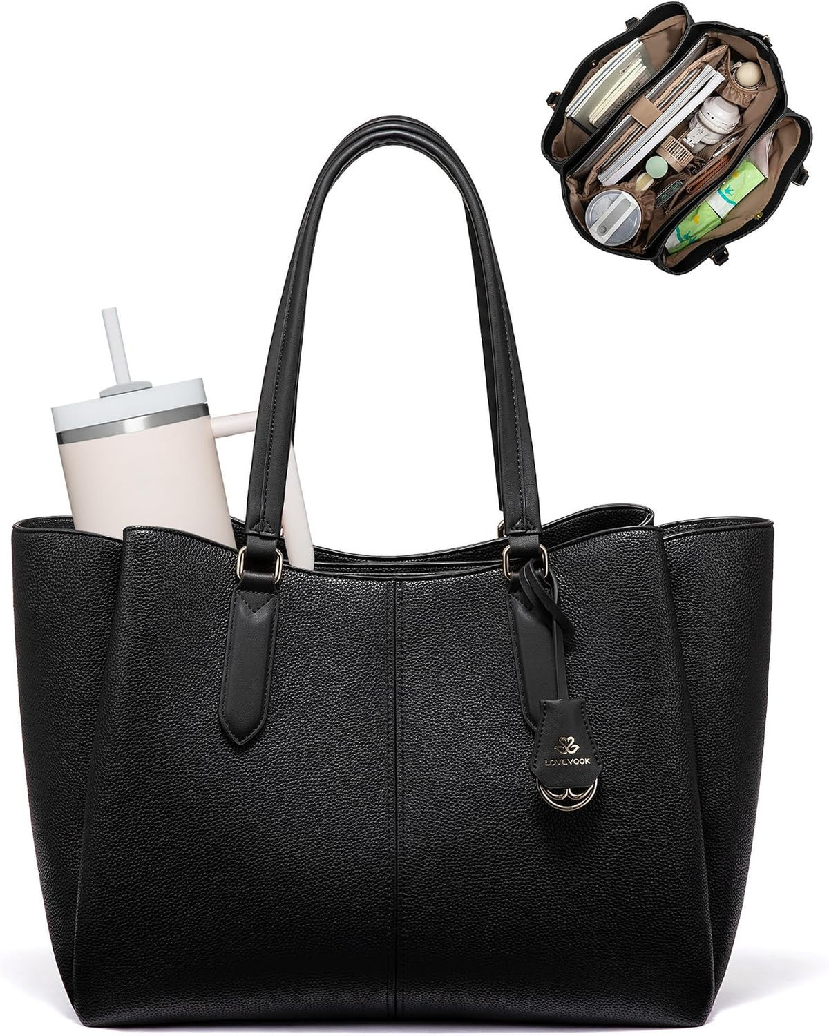 Black Work Tote standing upright, front view with the top zip closed