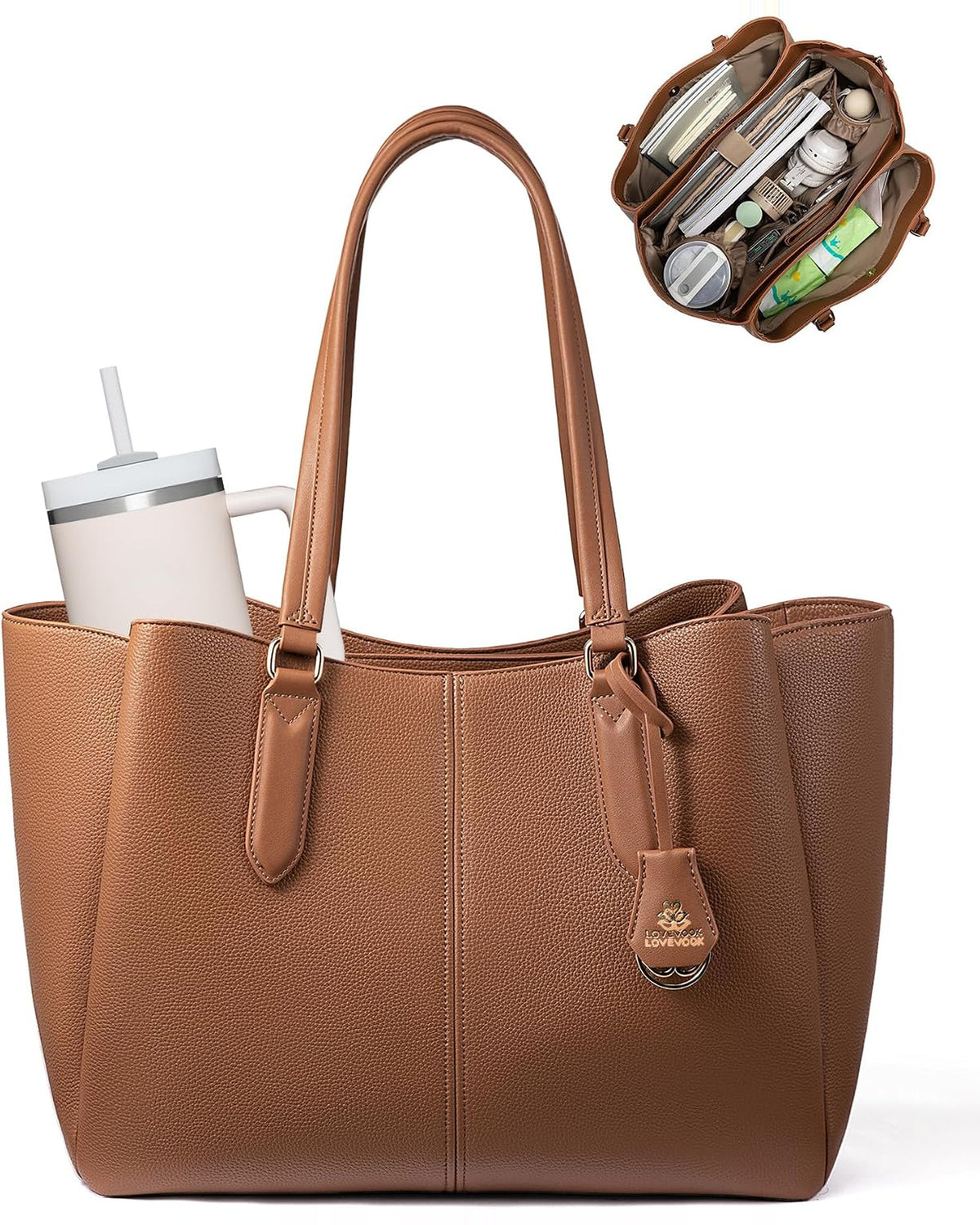 Brown Work Tote in tan faux leather, shown standing with the handles upright