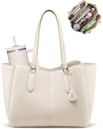 Off-white Work Tote in cream faux leather, standing upright