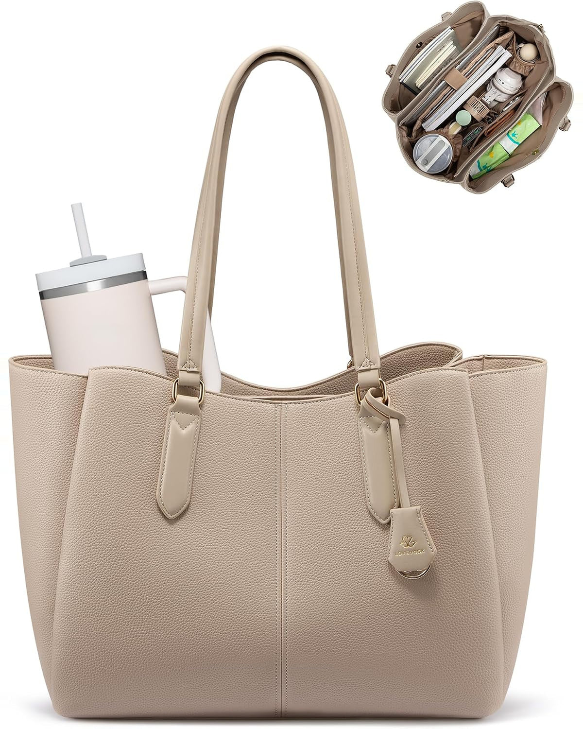 Stone Work Tote in a warm greige finish, front view